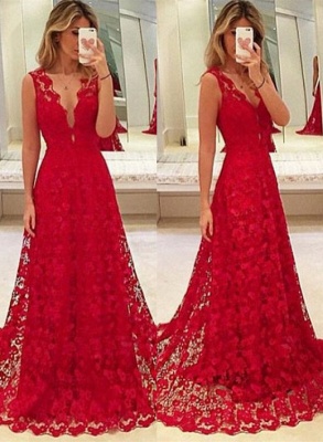 Sexy Red Lace V-Neck Prom DressTulle BA3843_1