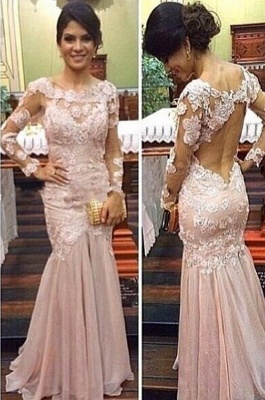 Elegant Lace Appliques Mermaid Long Sleeve Backless Prom Dress_1