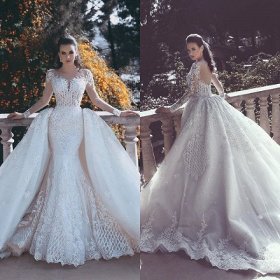 Long Sleeve Wedding Dresses with Lace Appliques | Sheer Tulle Open Back Bridal Gowns with Cathedral Train_4