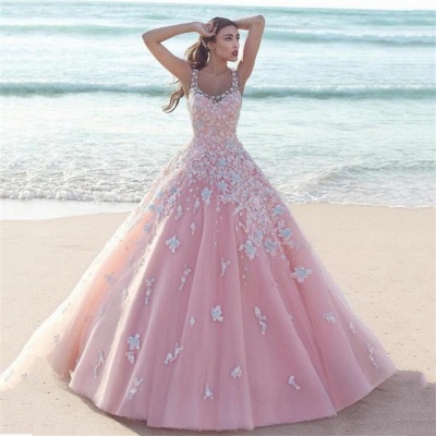 Elegant Pink Prom Dress |Lace Appliques Sleeveless Evening Gowns_3