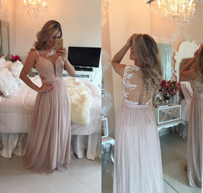 Pearl Pink Chiffon Long Prom Dresses Lace Pearls Illusion A-line Formal Evening Gowns bt00_2