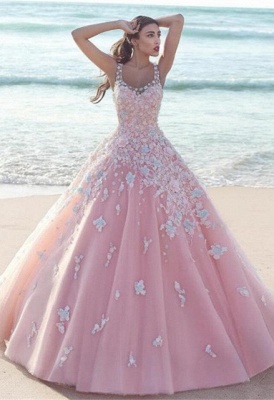 Elegantes rosa Ballkleid | Ärmellose Abendkleider mit Spitzenapplikationen_2