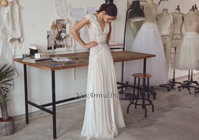 Chiffon Cap Sleeve Crystals Long Glamorous Wedding Dress_1