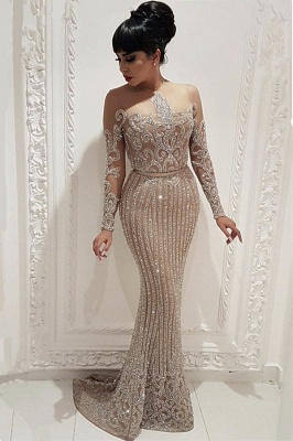 Sparkly Beads Sequins Long Formal Dresses  |  Mermaid Long Sleeve Nude Lining Prom Dresses BC0635_1