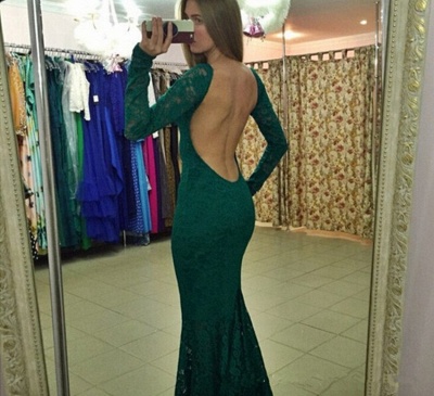 Modern Lace Backless Long Sleeve Mermaid Evening Gown_4