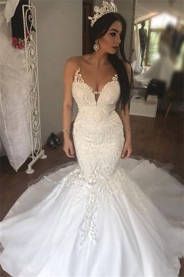 Vestidos de novia sin mangas de encaje de sirena magníficos botones largos baratos_2