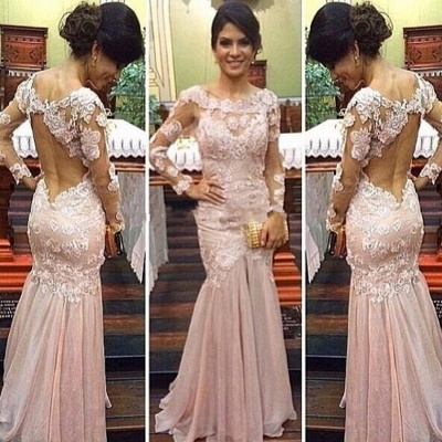 Elegant Lace Appliques Mermaid Long Sleeve Backless Prom Dress_3