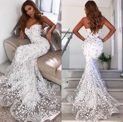 Open Back Sweetheart Leaf Appliques Wedding Dresses | Mermaid Long See Through Tulle Formal Dress_4