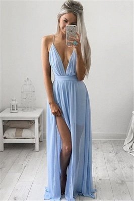 Deep V-neck Sexy Formal Dress Spaghetti Straps Baby Blue Prom Dresses CE054_1