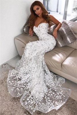 Open Back Sweetheart Leaf Appliques Wedding Dresses | Mermaid Long See Through Tulle Formal Dress_1