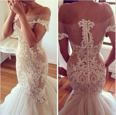 Wedding Dresses Real Sample strapless Tulle Lace Appliques Mermaid Wedding Dresses_3