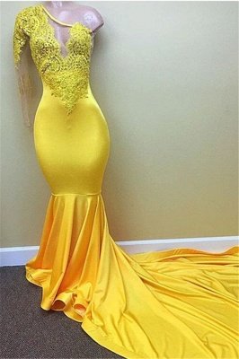 Lace Appliques Yellow Long Prom Dresses  for Juniors | One Sleeve Evening Gowns BA7778_1