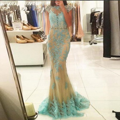 Modest Lace Appliques Backless Mermaid Sweep Train Prom Dress_4