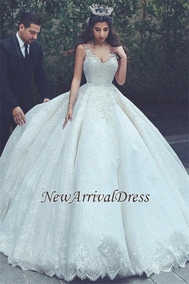 Online New Arrival Lace Latest V-neck Appliques Sexy Sleeveless Elegant Ball Gown Wedding Dresses_2