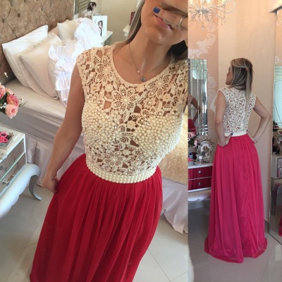 Gorgeous Red Pearls Lace Prom DressesLong Chiffon BT0_3