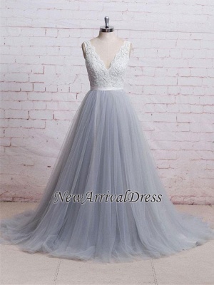 A-line Sweep-Train V-neck Tulle Lace Skirt Bodice Prom Dresses_1