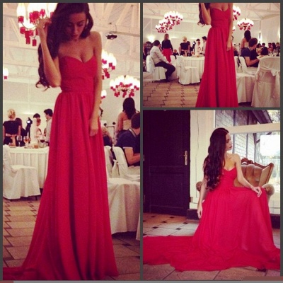 Red Evening Party Dress Chiffon A line Sweetheart Pleated Charming Long Prom Dresses_3