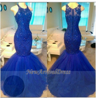 Elegant Mermaid Sleeveless Tulle Beads Royal Blue Appliques Evening Dresses_1