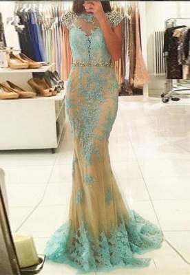 Modest Lace Appliques Backless Mermaid Sweep Train Prom Dress_1
