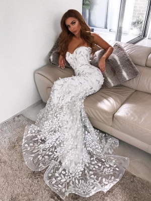 Gorgeous Cheap Mermaid Sweetheart Lace Appliques Wedding Dresses_1