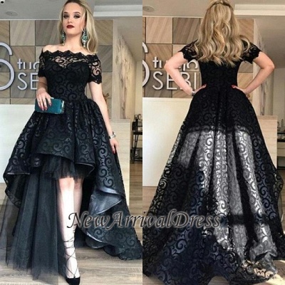 Black Short-Sleeve Lace Hi-Lo Sexy Prom Dress_1