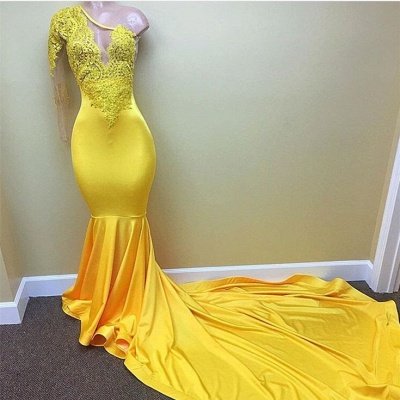 Lace Appliques Yellow Long Prom Dresses  for Juniors | One Sleeve Evening Gowns BA7778_3