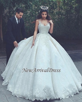 Online New Arrival Lace Latest V-neck Appliques Sexy Sleeveless Elegant Ball Gown Wedding Dresses_1