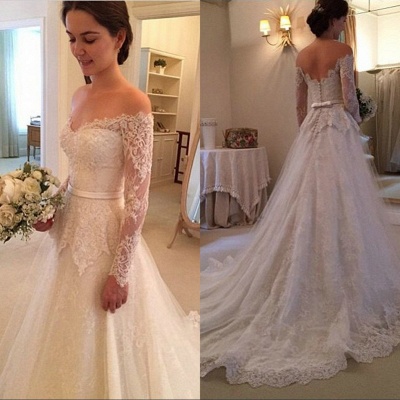 Court Train Long Sleeve Bridal Gowns  | New Arrival Lace Off The Shoulder Wedding Dresses_3