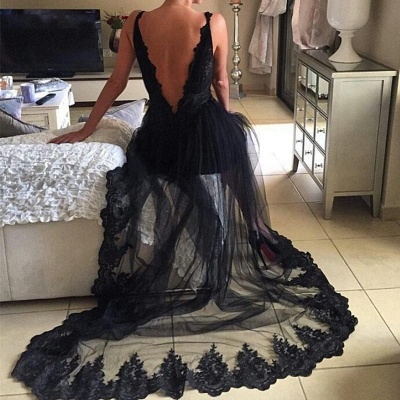 Tulle Long Lace Black Sexy V-Neck Prom Dress | Sheer Prom Dress_3