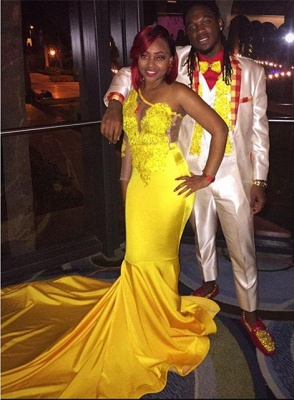 Lace Appliques Yellow Long Prom Dresses  for Juniors | One Sleeve Evening Gowns BA7778_4