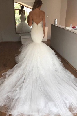 Mermaid Lace Wedding Dresses  | V-neck Straps Open Back  Bridal Dresses with Tulle Train_3