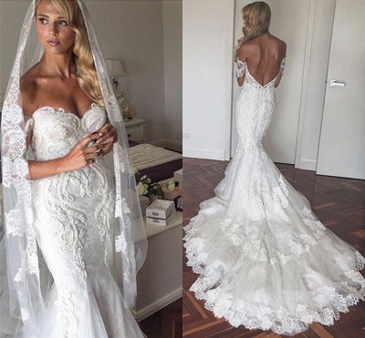 Appliques Tulle Elegant Tiered Mermaid Backless Off The Shoulder Wedding Dresses  Online_3