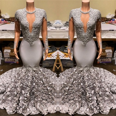 Silver Mermaid Plus Size Long Prom Dresses  | Lace Appliques Flowers Evening Gowns_3