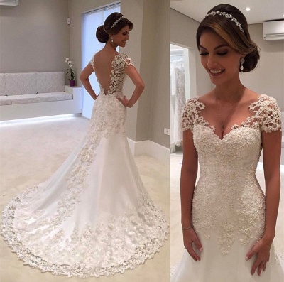 Cap Sleeve Lace Appliques Wedding Dresses | Sheath Elegant Bridal Gowns Cheap Online_4