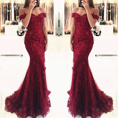 Red Off-the-shoulder Lace Appliques Mermaid Glamorous Evening Dress_9