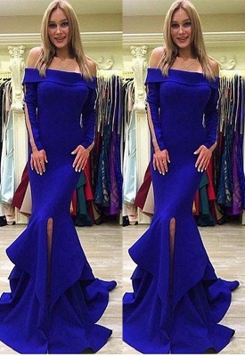 Sexy Royal Blue Mermaid Split Ruffles Off-the-shoulder Long Sleeve Prom Dress_1