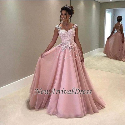 Pink Appliques A-Line Gorgeous Cap-Sleeves V-Neck Lace Prom Dress_1