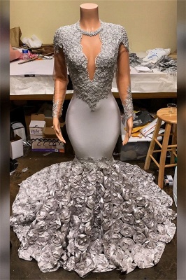 Silver Mermaid Plus Size Long Prom Dresses  | Lace Appliques Flowers Evening Gowns_1