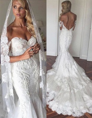 Appliques Tulle Elegant Tiered Mermaid Backless Off The Shoulder Wedding Dresses  Online_2
