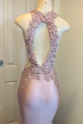 Sexy espalda abierta Pink Mermaid vestidos de fiesta baratos en maniquíes | Sin mangas apliques vestidos de graduación en línea_3