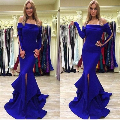 Sexy Royal Blue Mermaid Split Ruffles Off-the-shoulder Long Sleeve Prom Dress_3