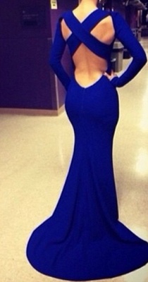 New Arrival High Neck Long Sleeve Criss Cross Backless Royal Blue Evening Gown Sexy Mermaid Prom Dresses_5