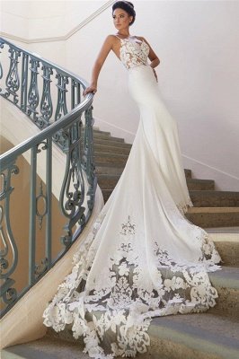 Sexy Spaghetti Strap Cheap Wedding Dresses |  Mermaid Chiffon Lace Bridal Gown Online_3