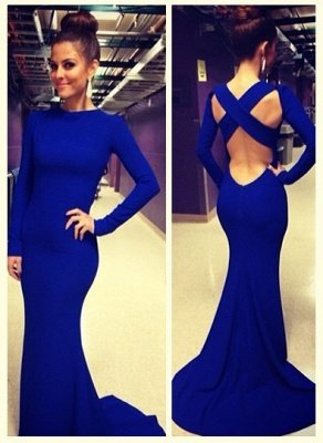 New Arrival High Neck Long Sleeve Criss Cross Backless Royal Blue Evening Gown Sexy Mermaid Prom Dresses_3