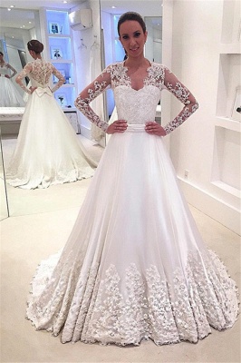A-Line Bowknot Long Sleeve Sweep Train Newest Appliques Wedding Dresses  Online_2