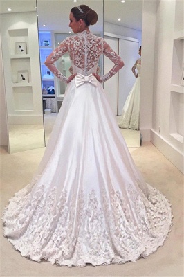 A-Line Bowknot Long Sleeve Sweep Train Newest Appliques Wedding Dresses  Online_3
