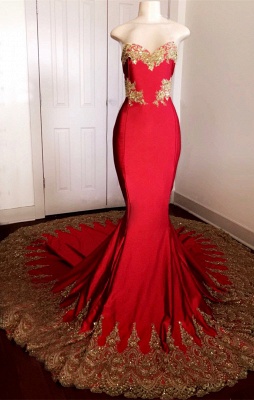 Strapless Red Prom Dresses  with Gold Lace | Mermaid Formal Dresses with Court Train_1