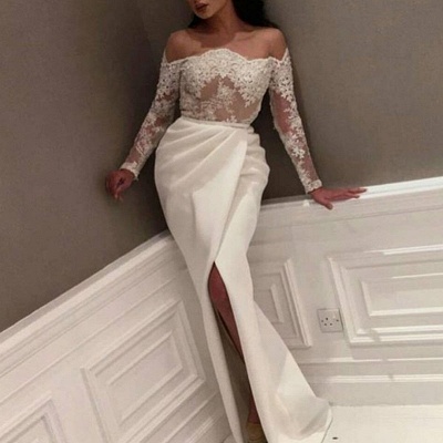 Popular Long Sleeve Lace Appliques Front Split Prom Dress_3