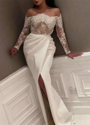 Popular Long Sleeve Lace Appliques Front Split Prom Dress_1