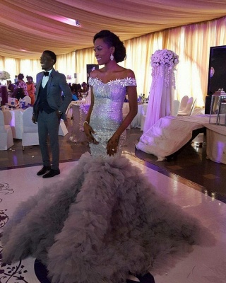 Superbes robes de mariée à paillettes sirène à volants | Robes de mariée sexy à épaules dénudées_3